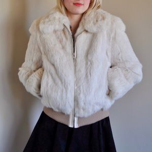 Vintage Rabbit Fur Bomber Jacket Cream